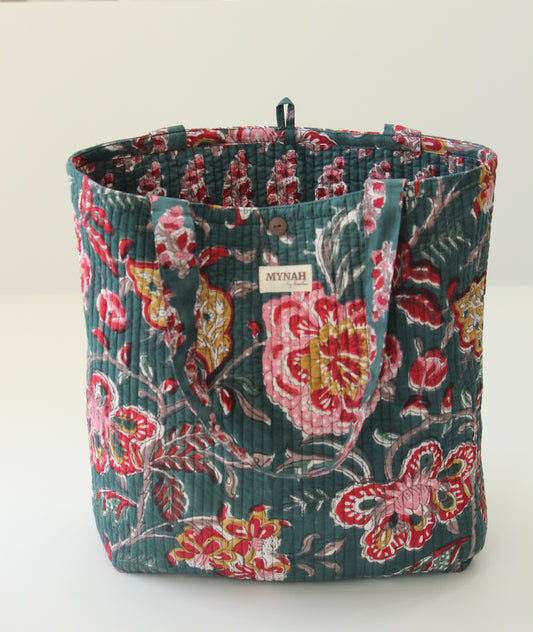 Emerald garden floral print tote bag-Small laptop size