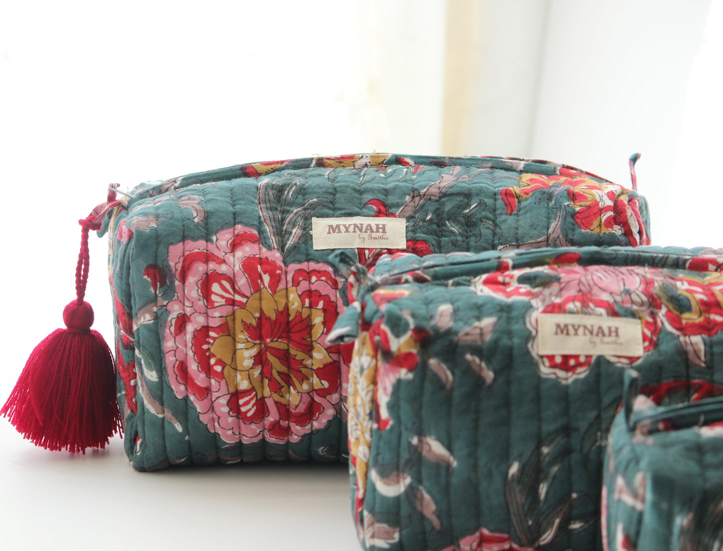 'EMERALD GARDEN' hand block printed, quilted travel/makeup zipper pouch-LARGE only