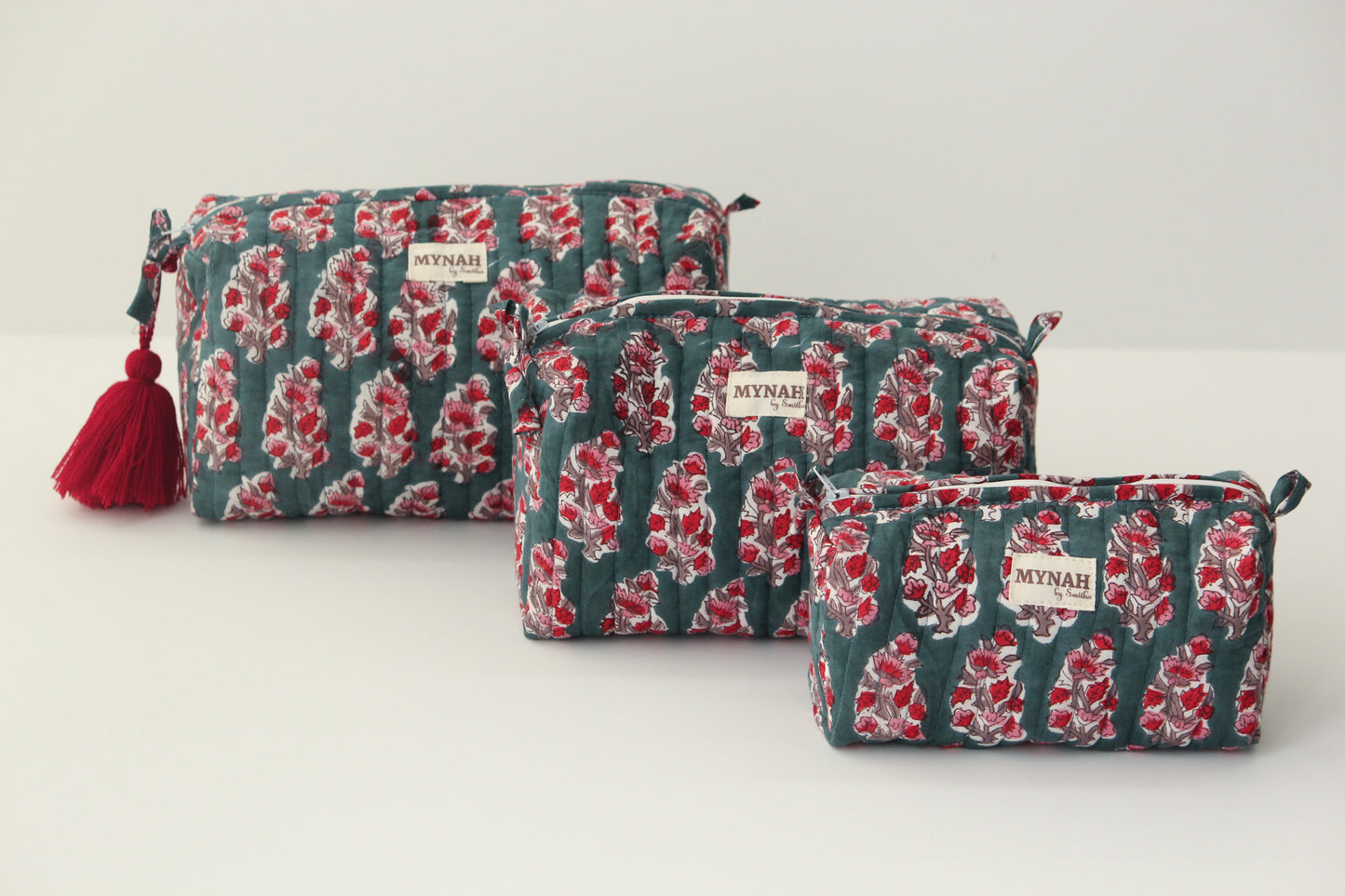 'EMERALD MOTIFS' hand block printed, quilted travel/makeup zipper pouch-LARGE only