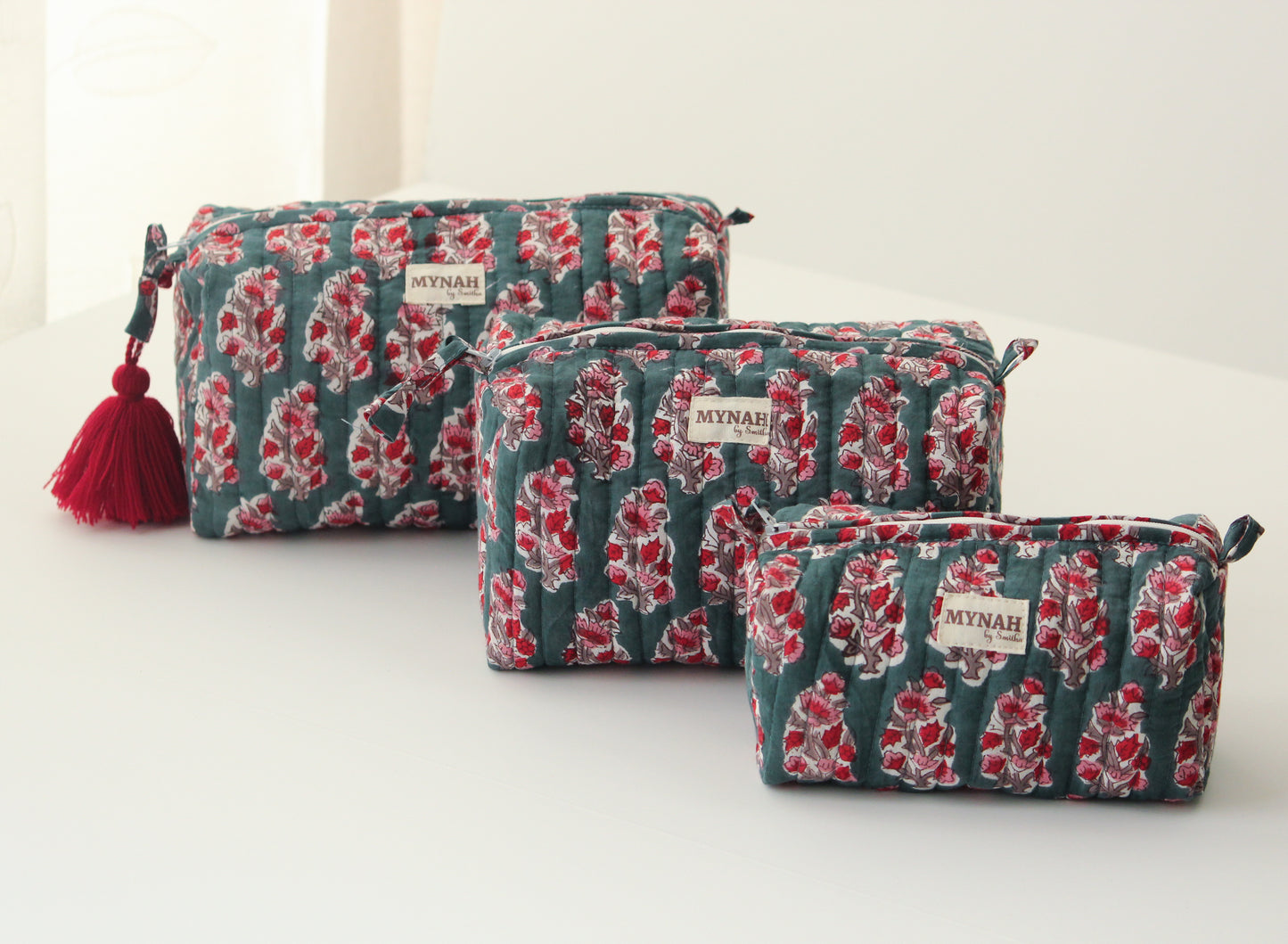 'EMERALD MOTIFS' hand block printed, quilted travel/makeup zipper pouch-LARGE only