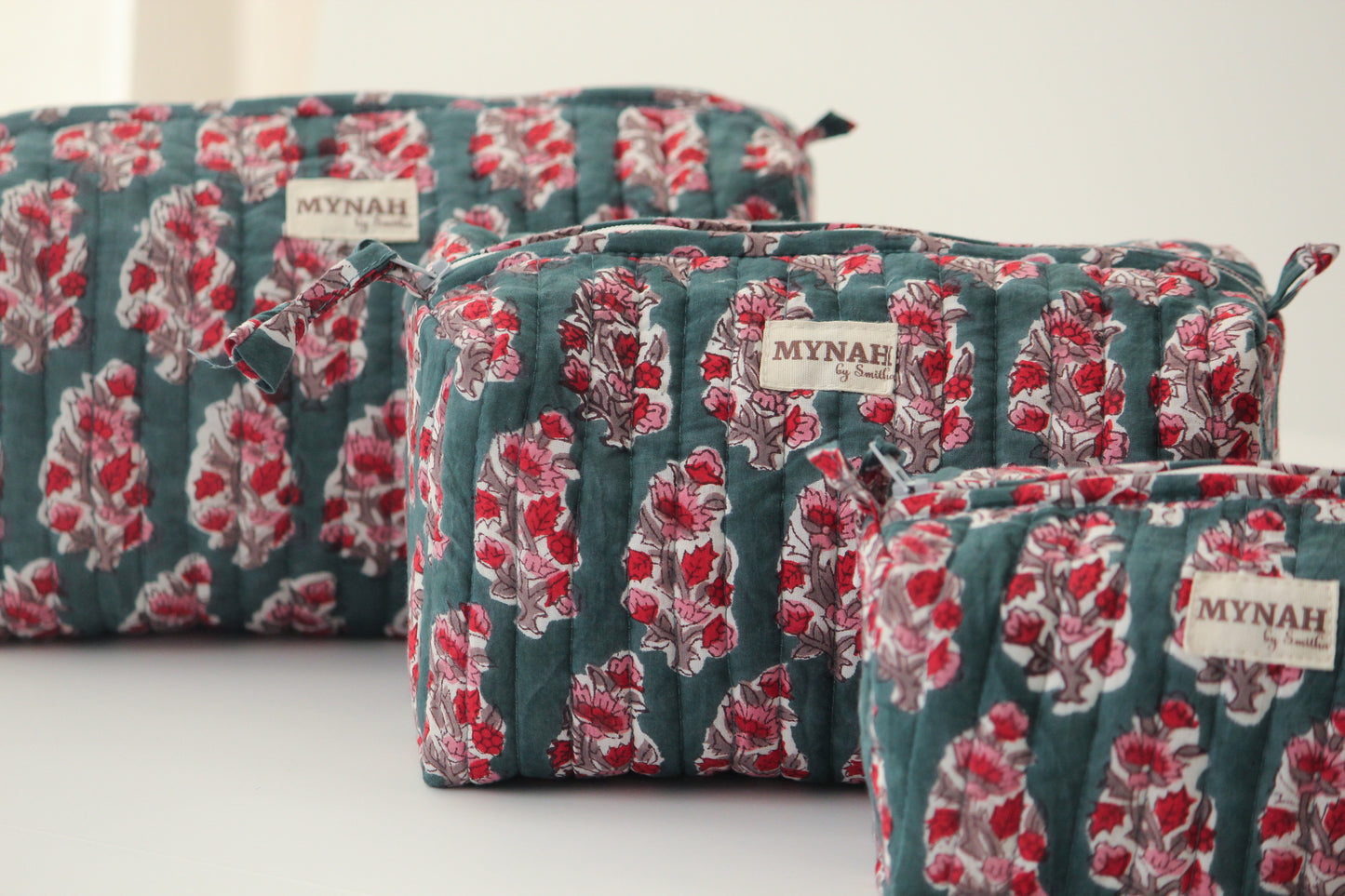 'EMERALD MOTIF' printed travel/makeup zipper pouch-set of 3