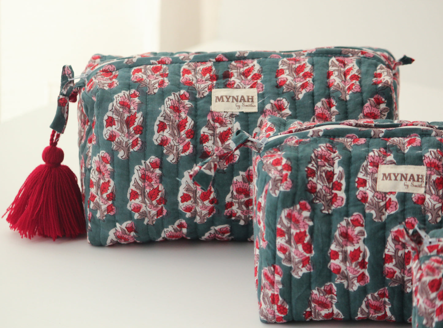 'EMERALD MOTIFS' hand block printed, quilted travel/makeup zipper pouch-LARGE only