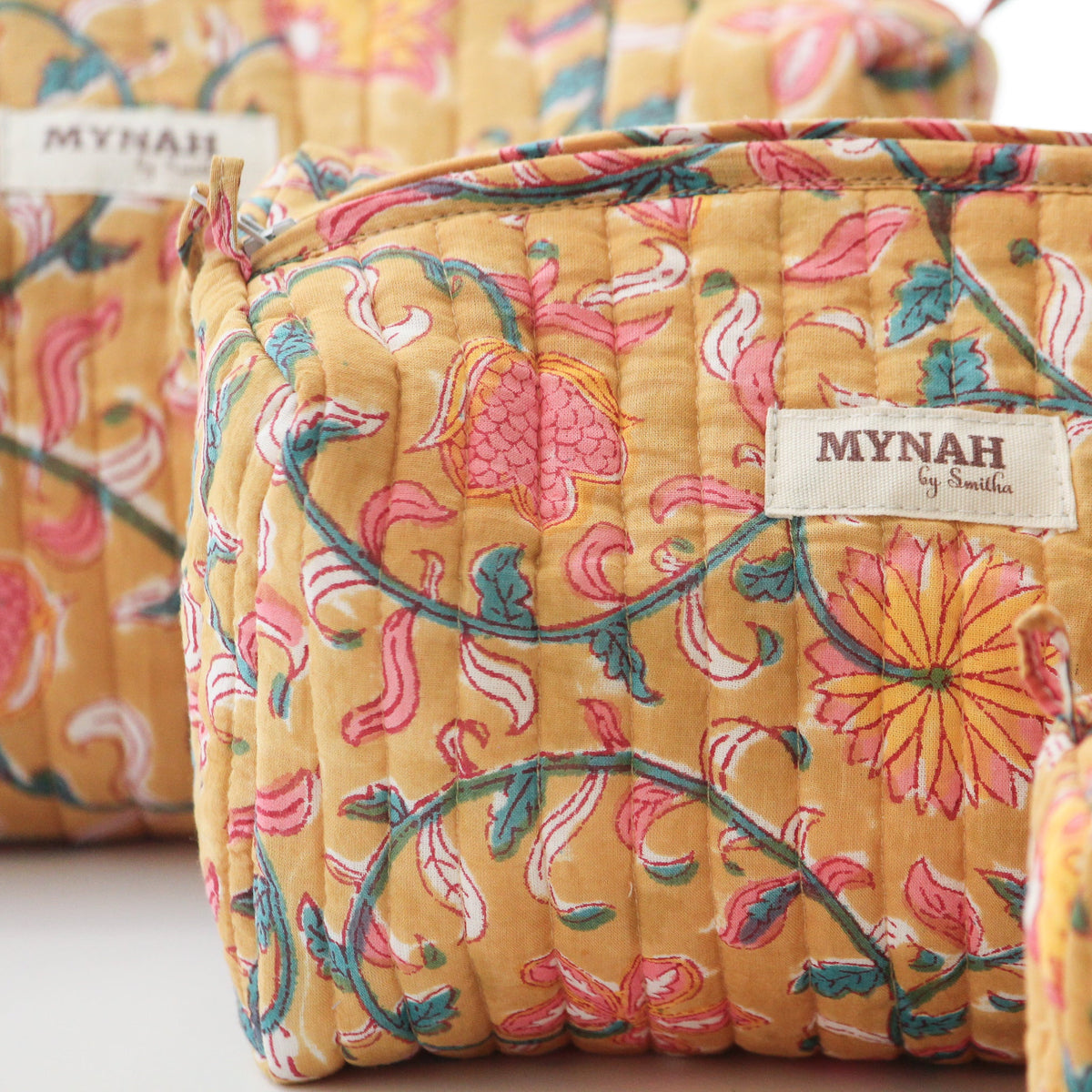 'HENNA VINES' hand block printed quilted makeup pouch-set of 3