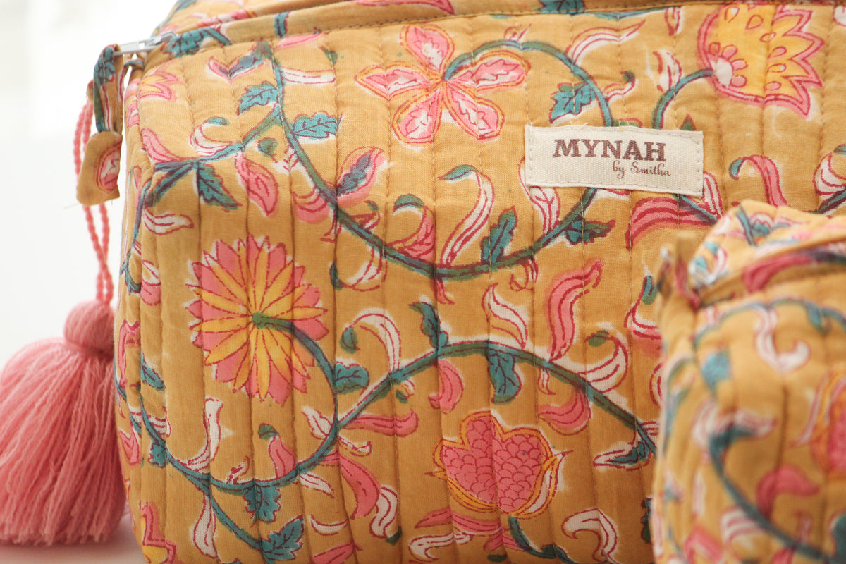 'HENNA VINES' hand block printed quilted makeup pouch-set of 3