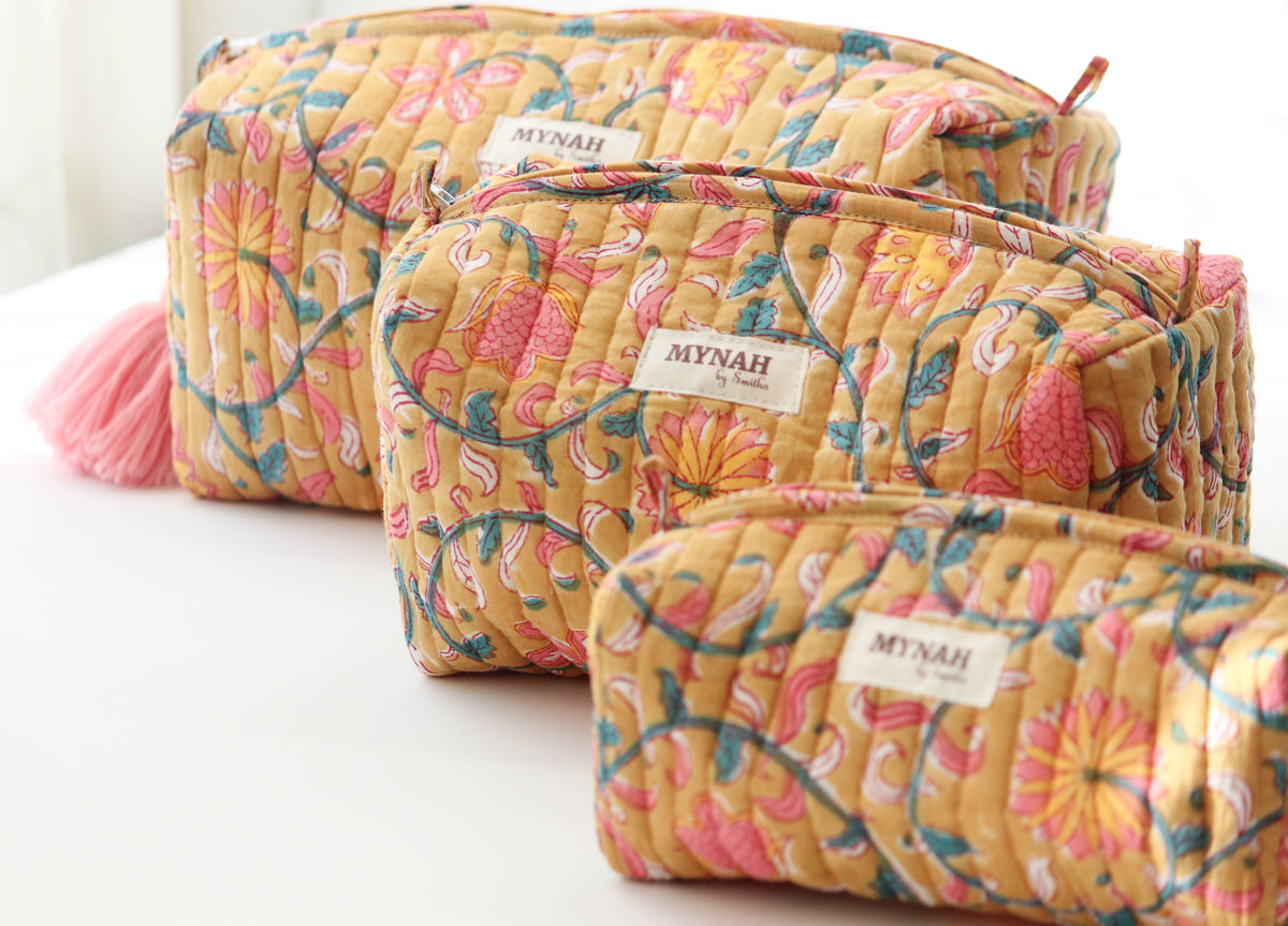 'HENNA VINES' hand block printed quilted makeup pouch-set of 3