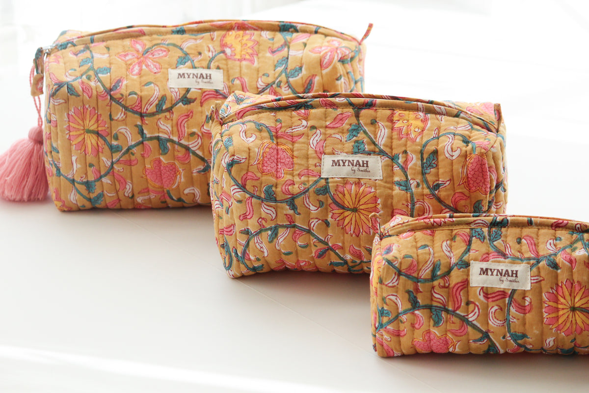 'HENNA VINES' hand block printed quilted makeup pouch-set of 3