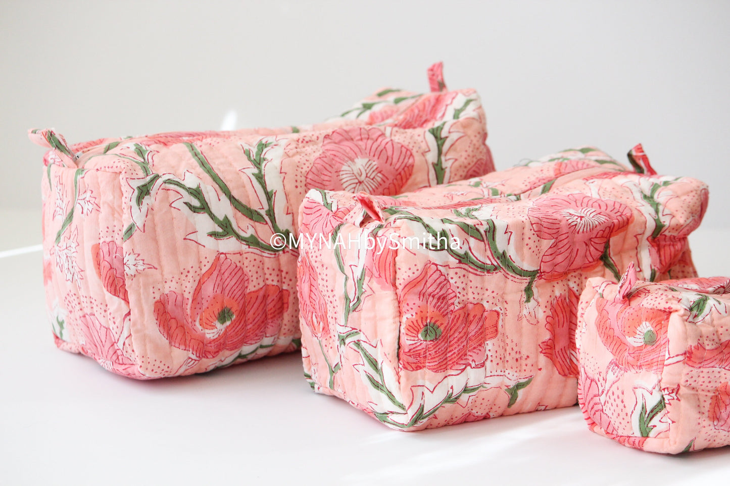 'Peach poppies' printed travel/makeup zipper pouch-set of 3