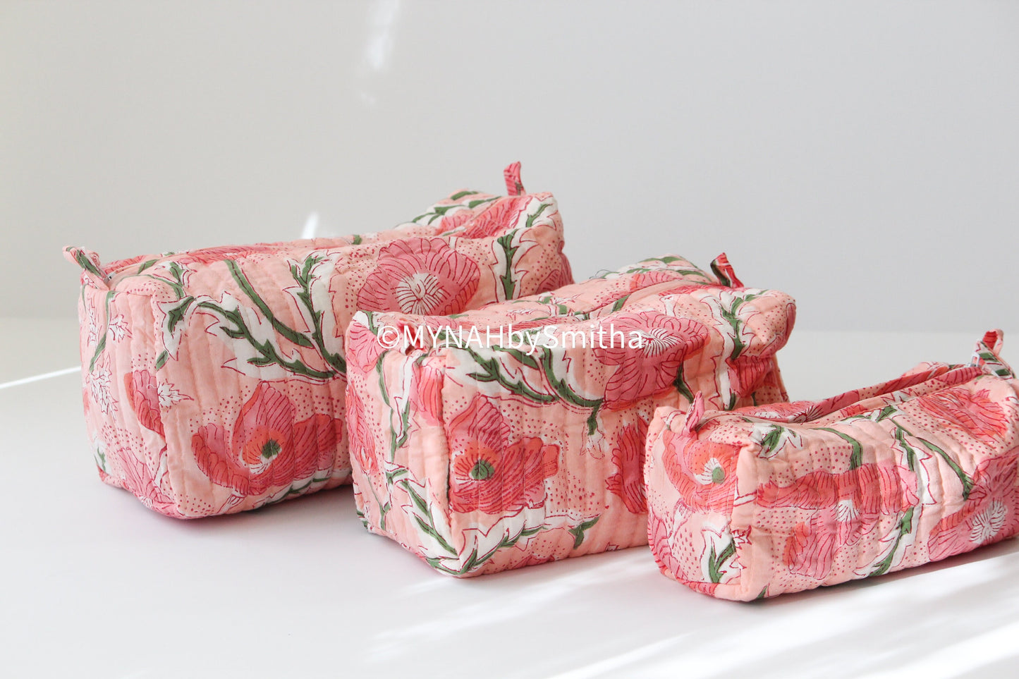 'Peach poppies' printed travel/makeup zipper pouch-set of 3