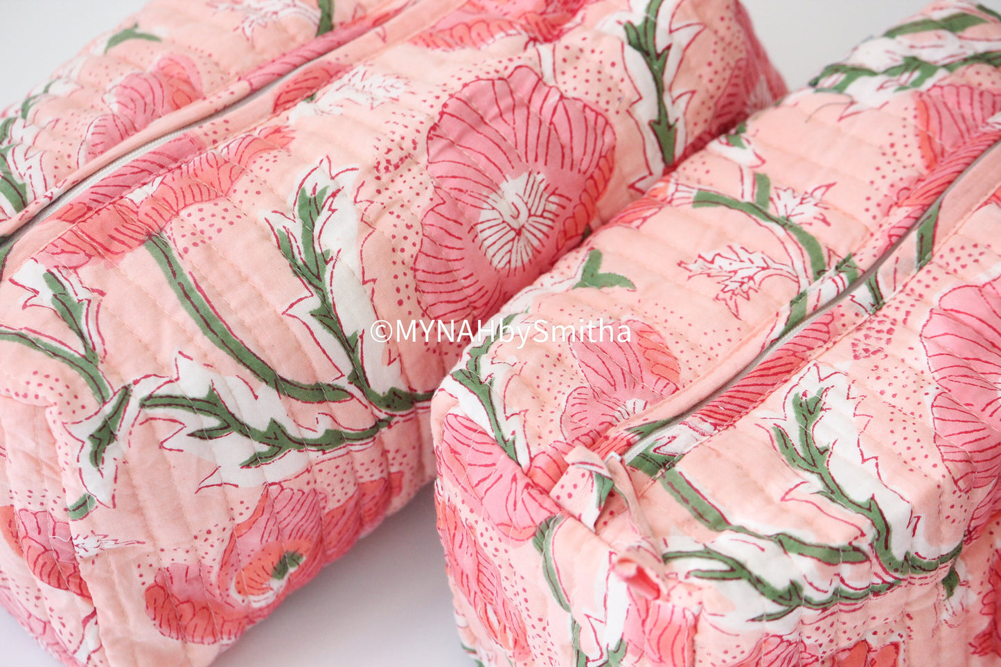 'Peach poppies' printed travel/makeup zipper pouch-set of 3