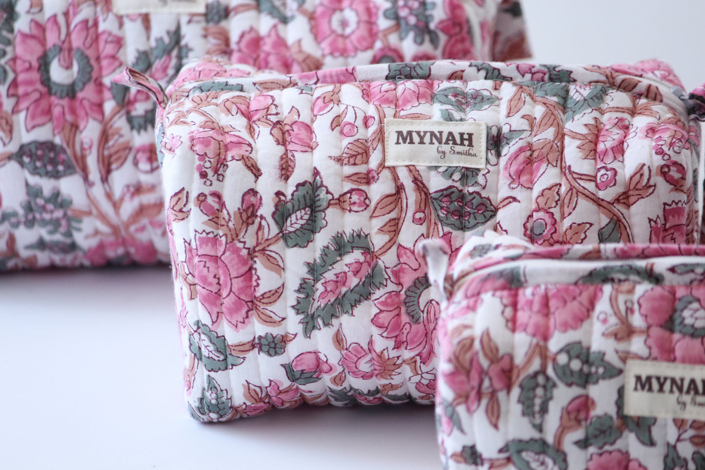 'GULAB ROSE' hand block printed quilted travel/makeup zipper pouch-set of 3