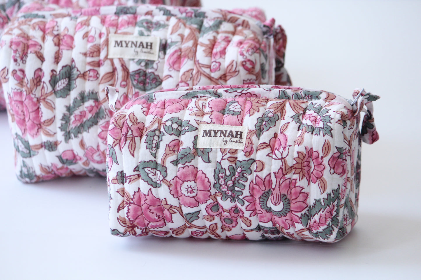 'GULAB ROSE' hand block printed quilted travel/makeup zipper pouch-set of 3