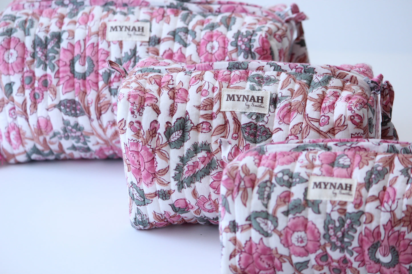 'GULAB ROSE' hand block printed quilted travel/makeup zipper pouch-set of 3