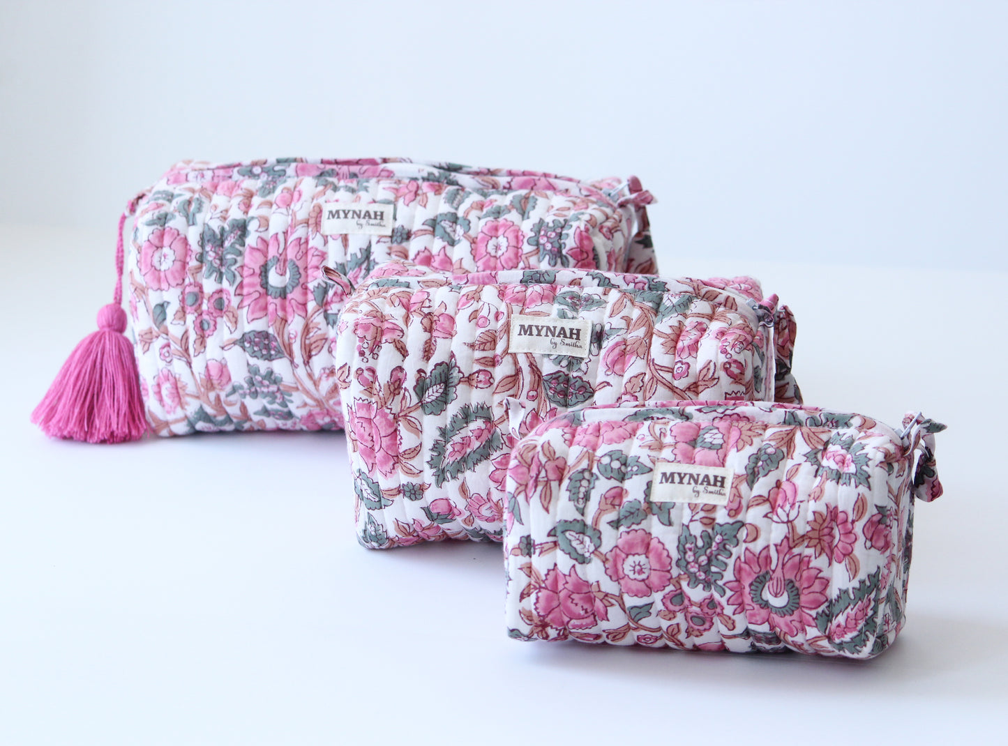 'GULAB ROSE' hand block printed quilted travel/makeup zipper pouch-set of 3