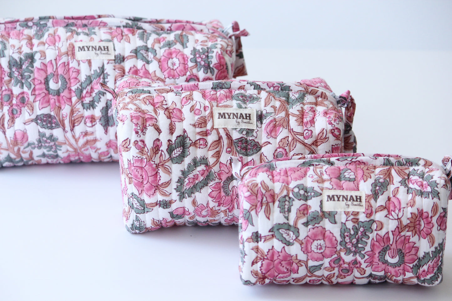 'GULAB ROSE' hand block printed quilted travel/makeup zipper pouch-set of 3