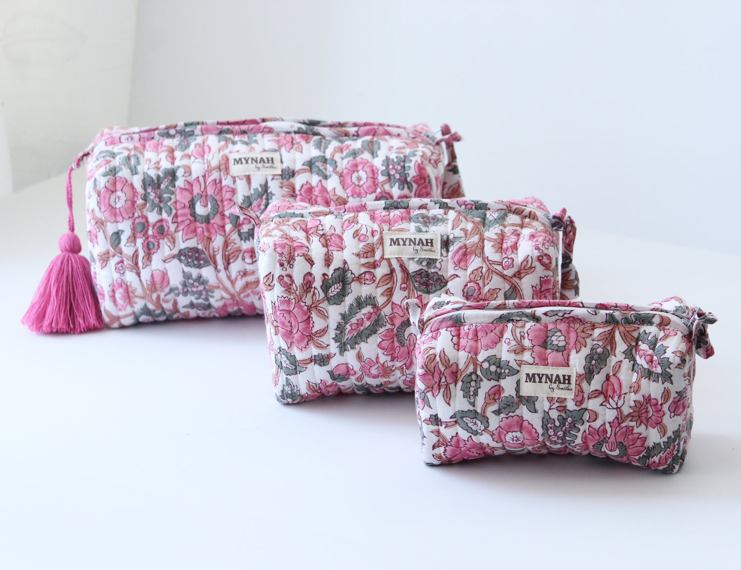 'GULAB ROSE' hand block printed quilted travel/makeup zipper pouch-set of 3