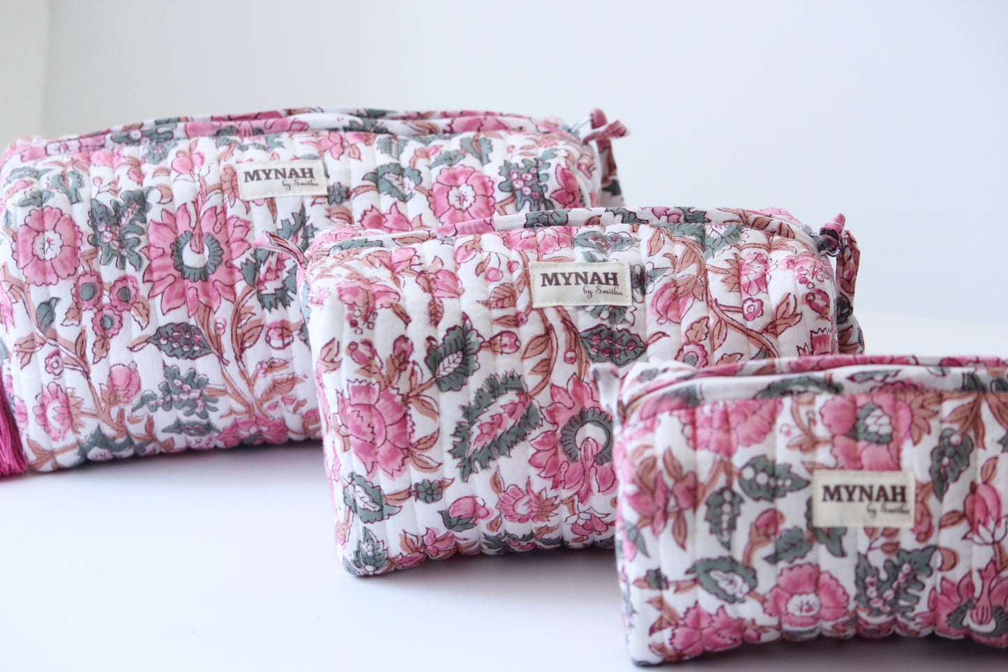 'GULAB ROSE' hand block printed quilted travel/makeup zipper pouch-set of 3