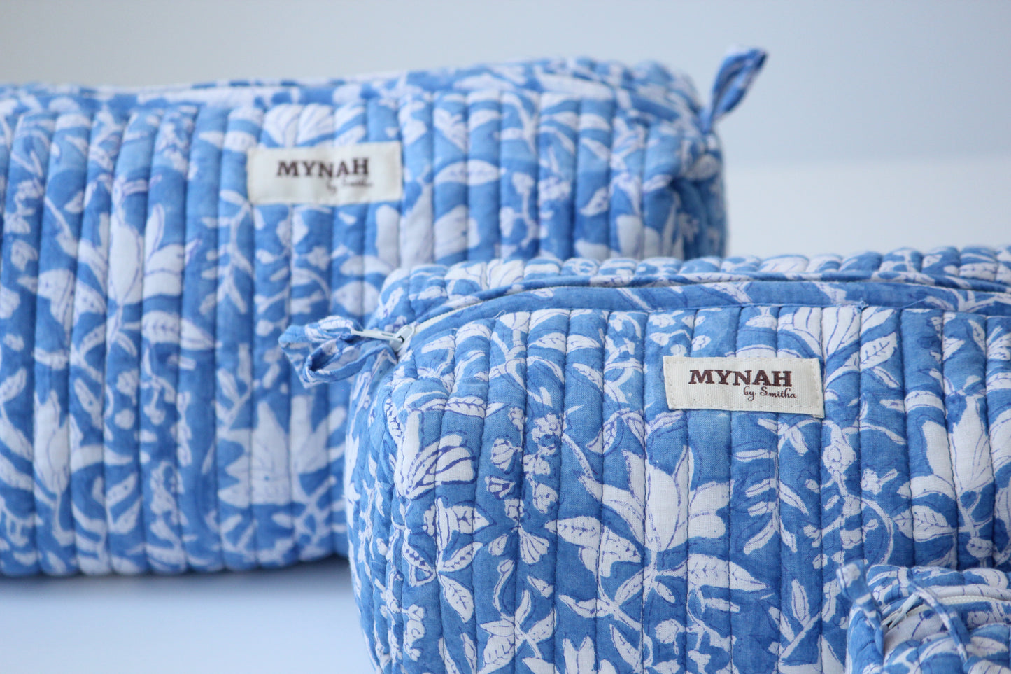 'OLD BLUE' printed travel/makeup zipper pouch-set of 3