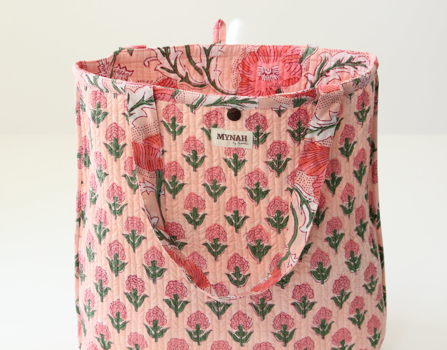 Peach poppies print tote bag-Small laptop size