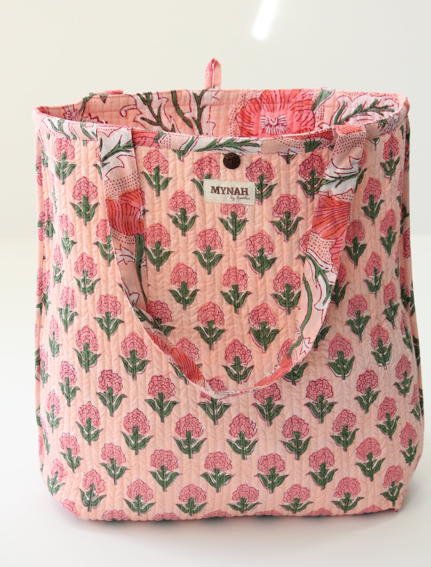 Peach poppies print tote bag-Small laptop size