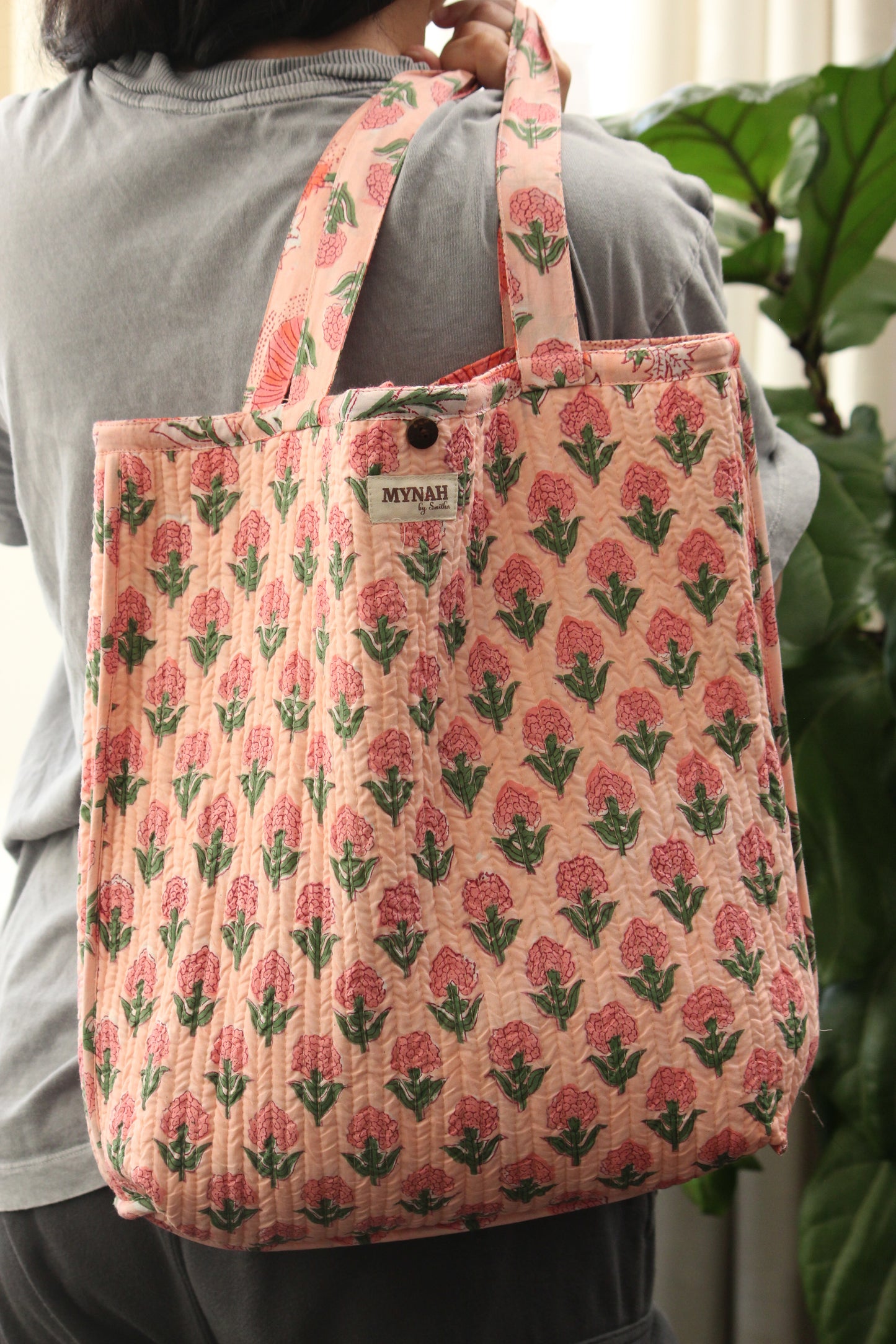 Peach poppies print tote bag-Small laptop size