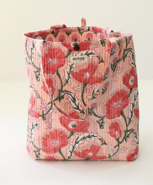 Peach poppies print tote bag-Small laptop size