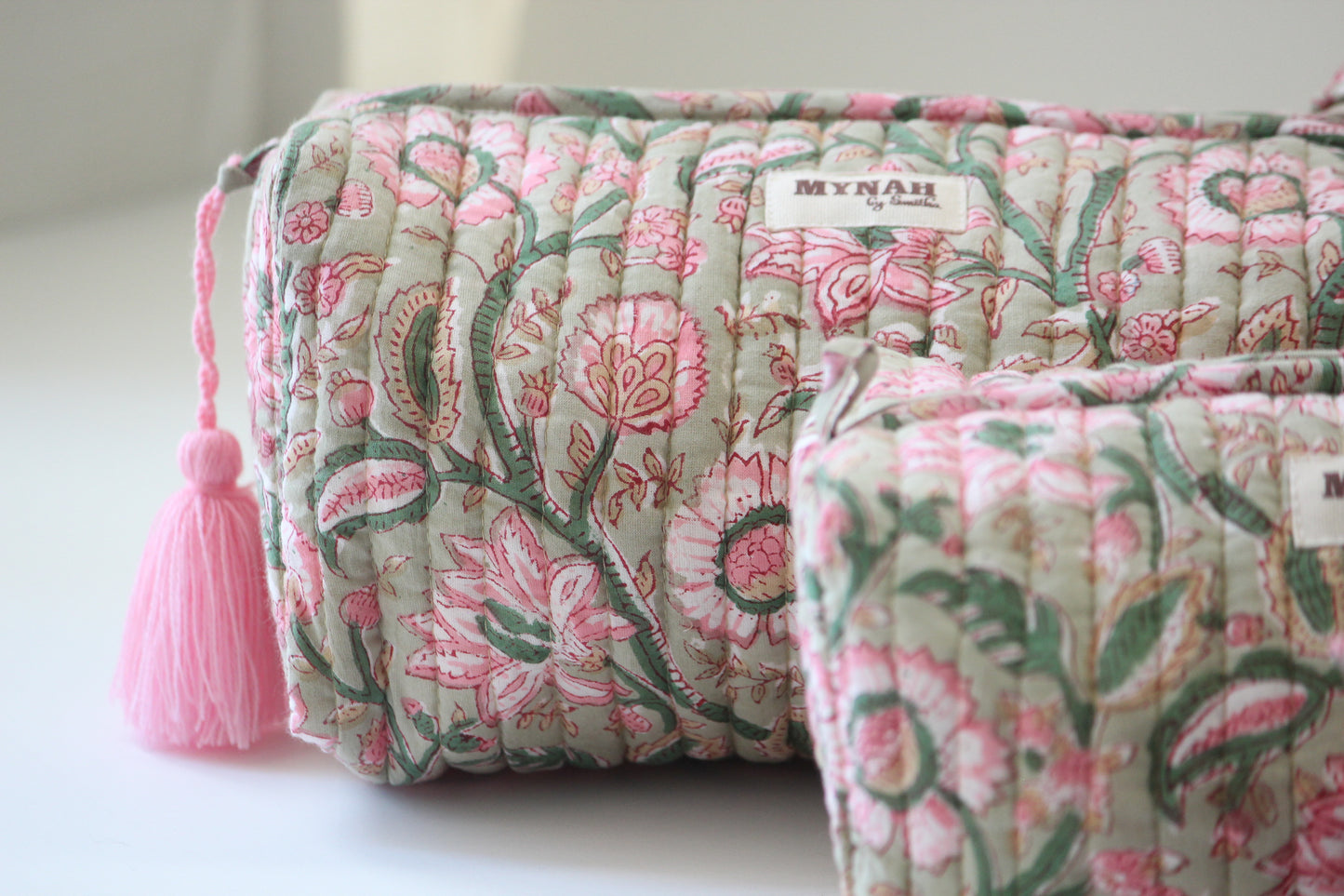 'PISTACHIO LOTUS ' printed travel/makeup zipper pouch-set of 3