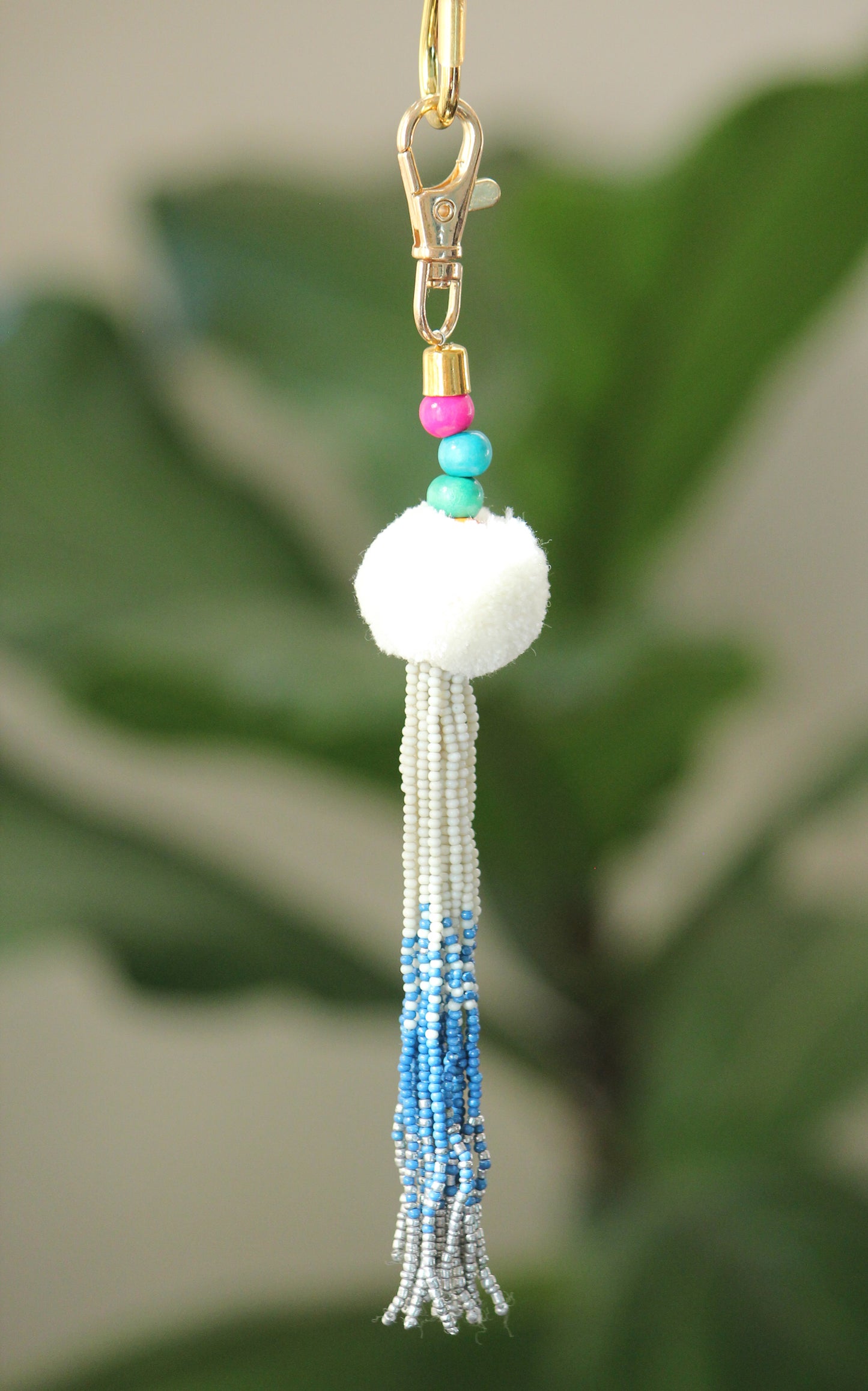 Tassel key chain-pompom with ombre beaded key chain with gold hook