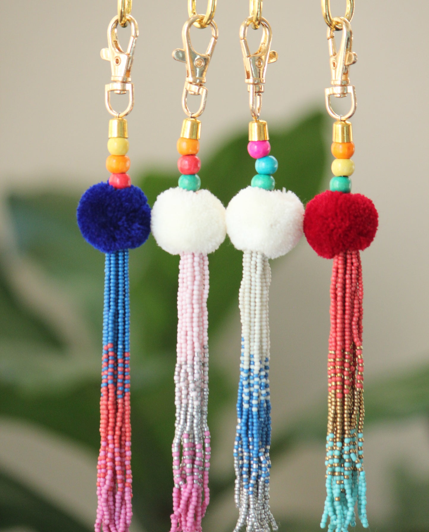 Cobalt Tassel key chain-pompom with ombre beaded key chain and gold hook