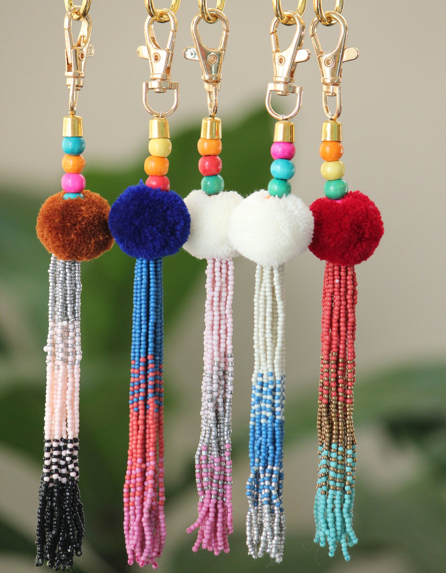 Tassel key chain-pompom with ombre beaded key chain with gold hook