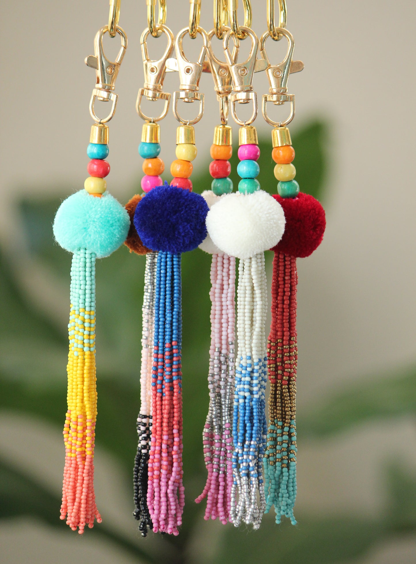 Tassel key chain-pompom with ombre beaded key chain with gold hook