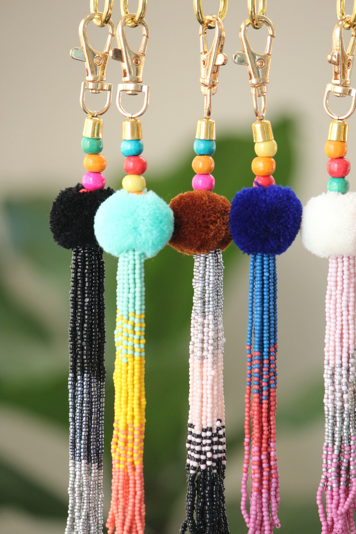 Black Tassel key chain-pompom with ombre beaded key chain and gold hook