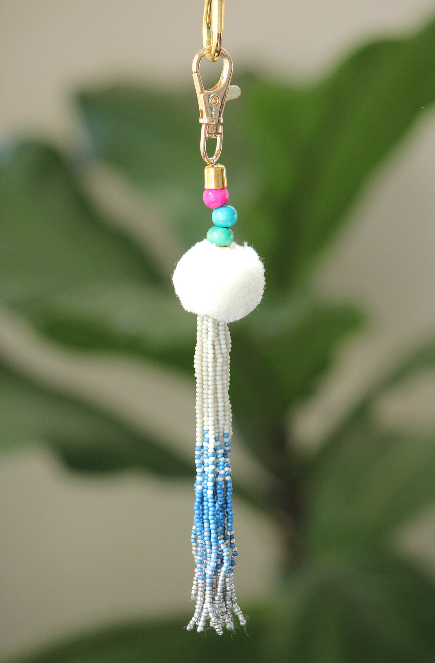 Tassel key chain-pompom with ombre beaded key chain with gold hook