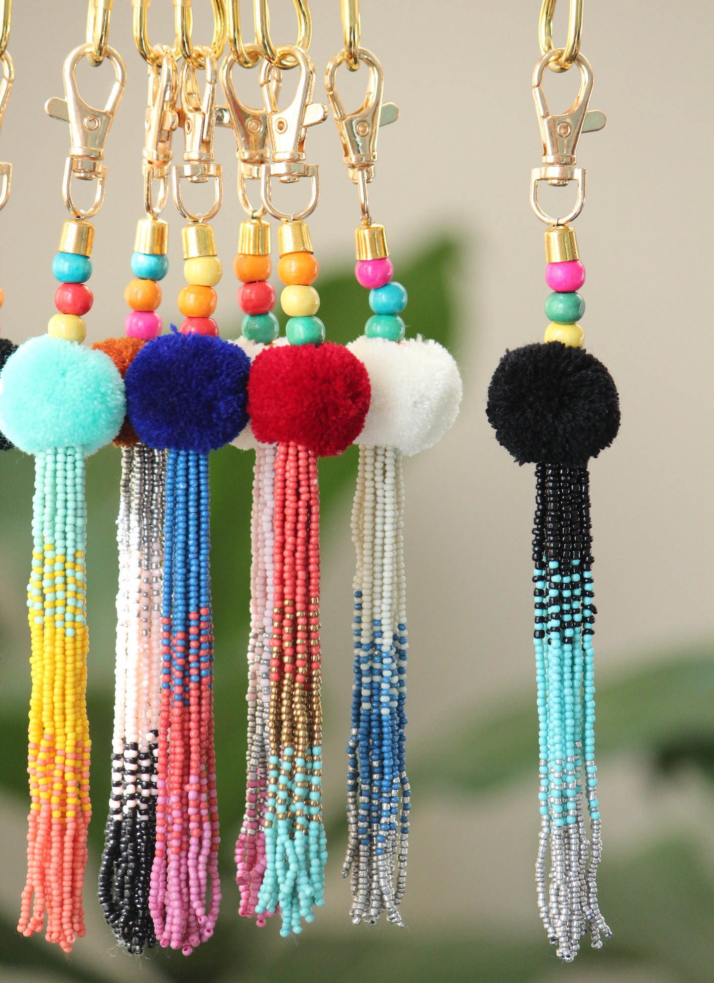 Black blue Tassel key chain-pompom with ombre beaded key chain and gold hook