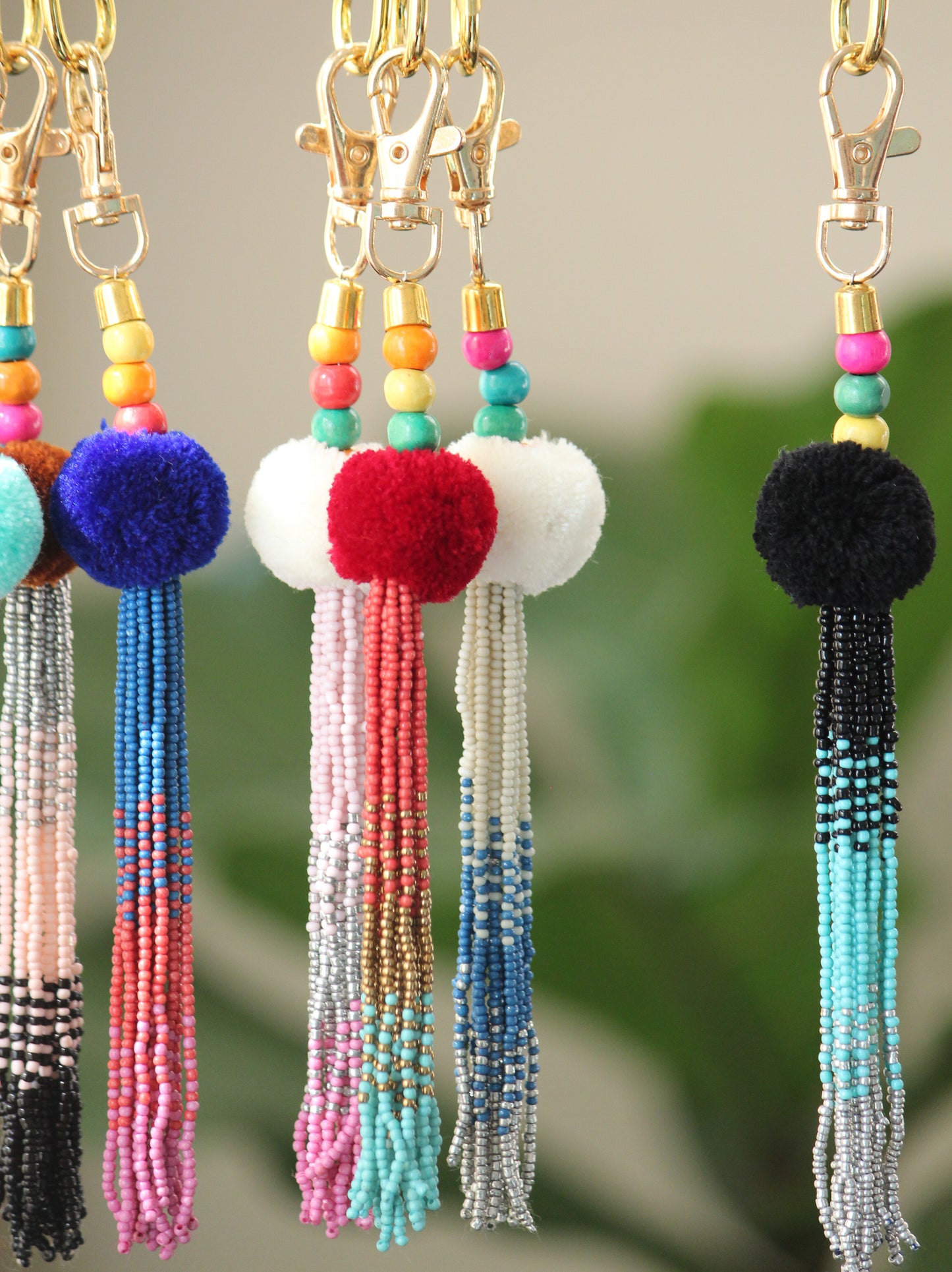 Red Tassel key chain-pompom with ombre beaded key chain and gold hook