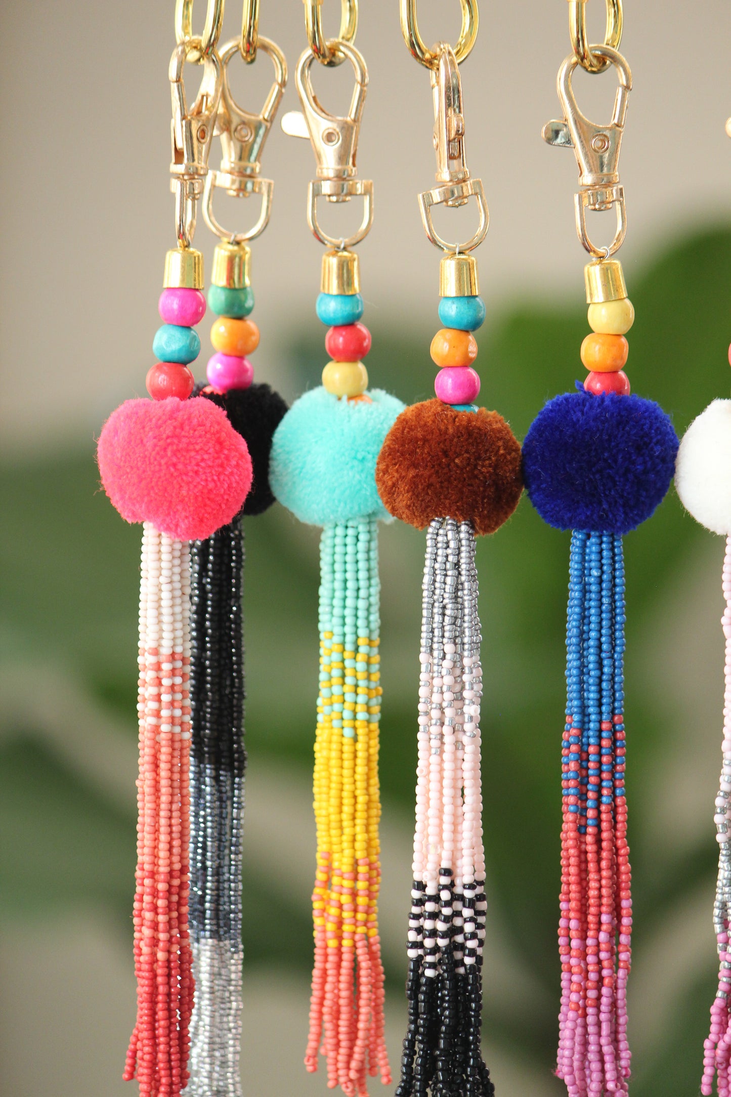 Fuchsia Tassel key chain-pompom with ombre beaded key chain and gold hook