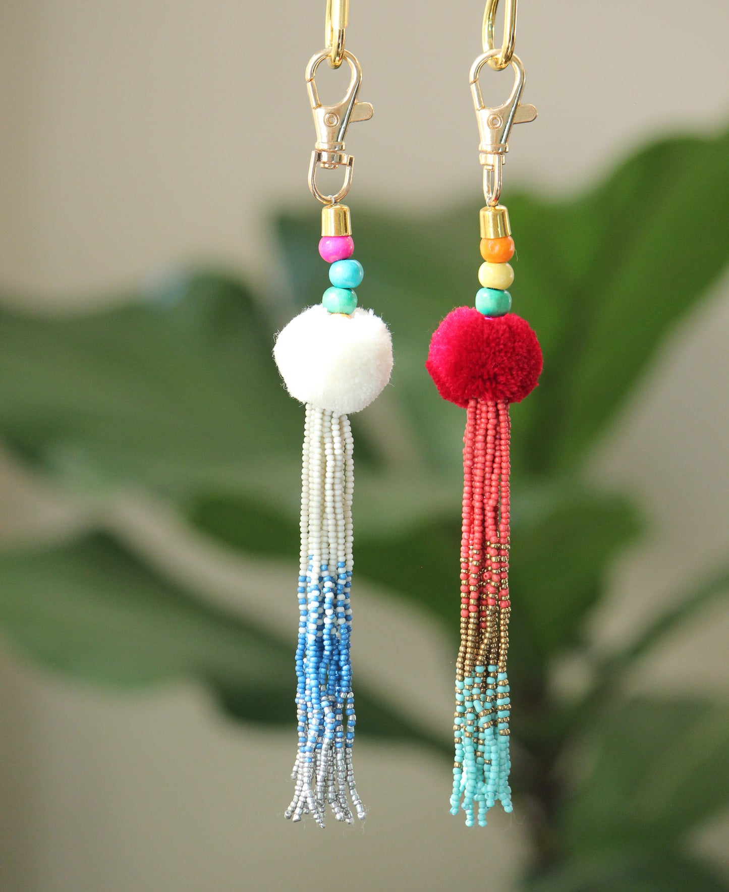 Tassel key chain-pompom with ombre beaded key chain with gold hook