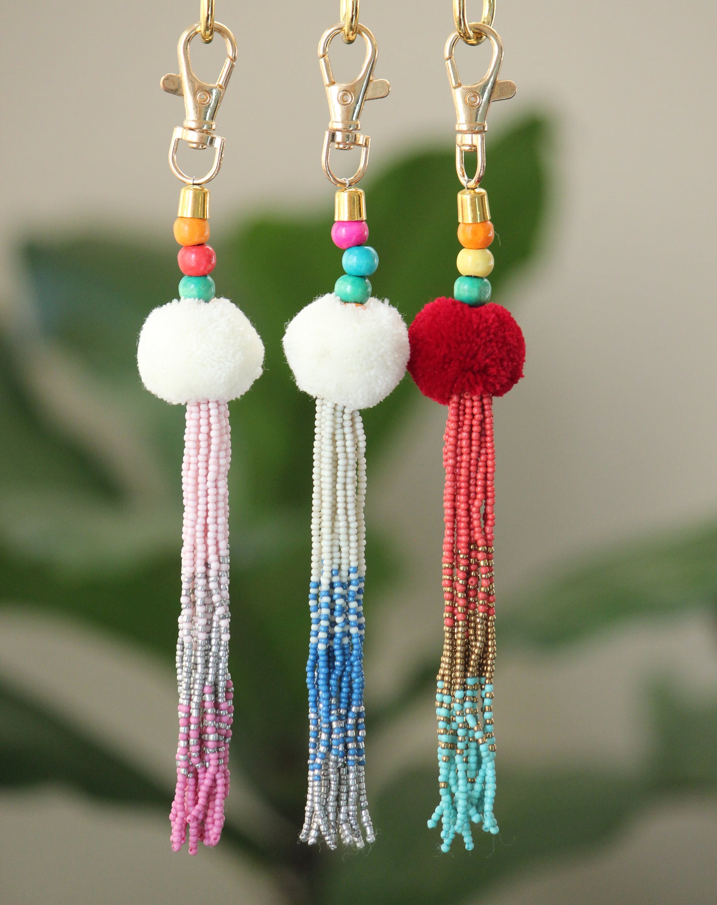 Tassel key chain-pompom with ombre beaded key chain with gold hook