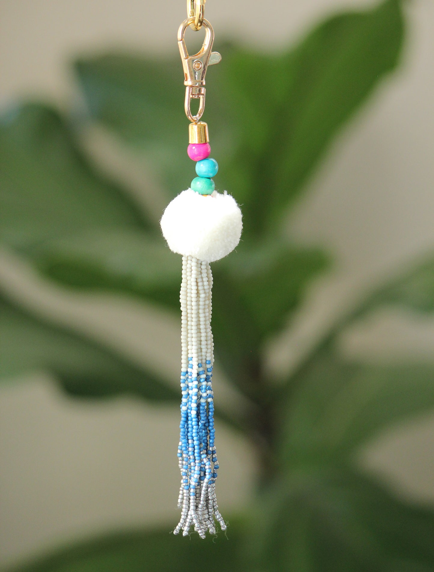 Tassel key chain-pompom with ombre beaded key chain with gold hook