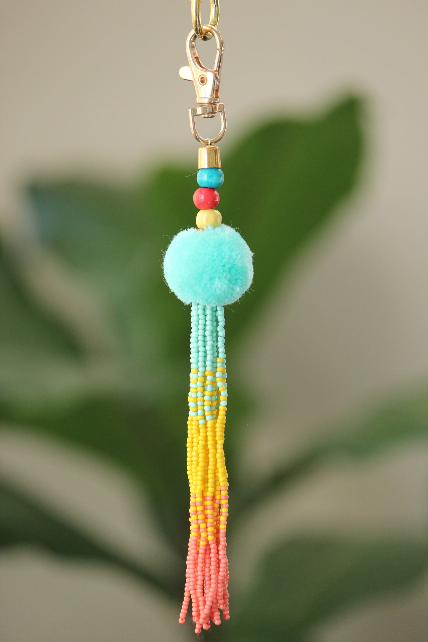 Aqua Tassel key chain-pompom with ombre beaded key chain and gold hook