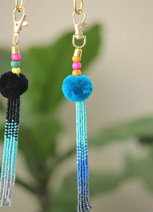 Blue and silver tassel key chain-pompom with ombre beaded key chain and gold hook