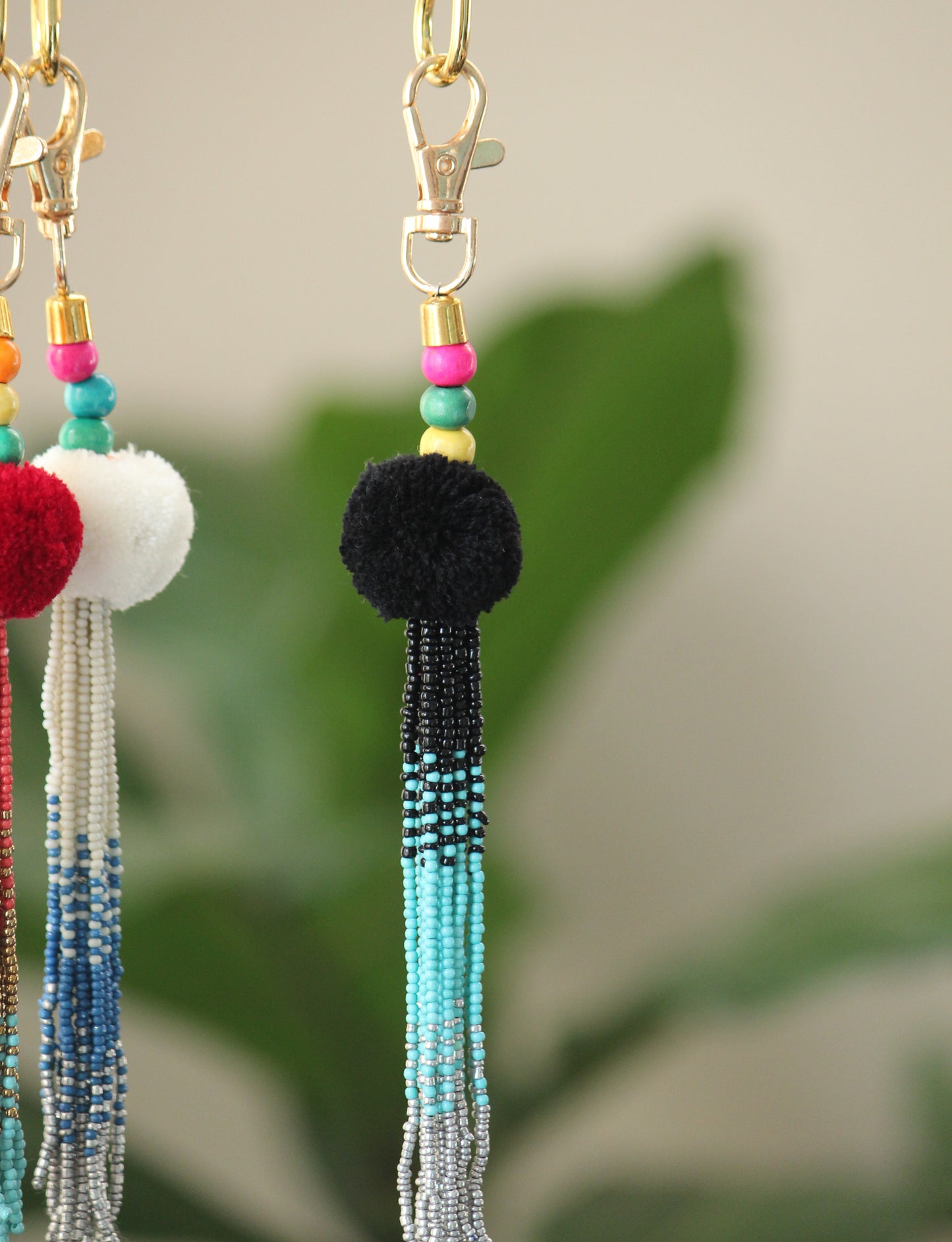 Black blue Tassel key chain-pompom with ombre beaded key chain and gold hook