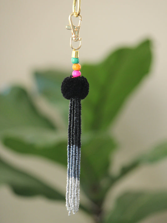 Black Tassel key chain-pompom with ombre beaded key chain and gold hook