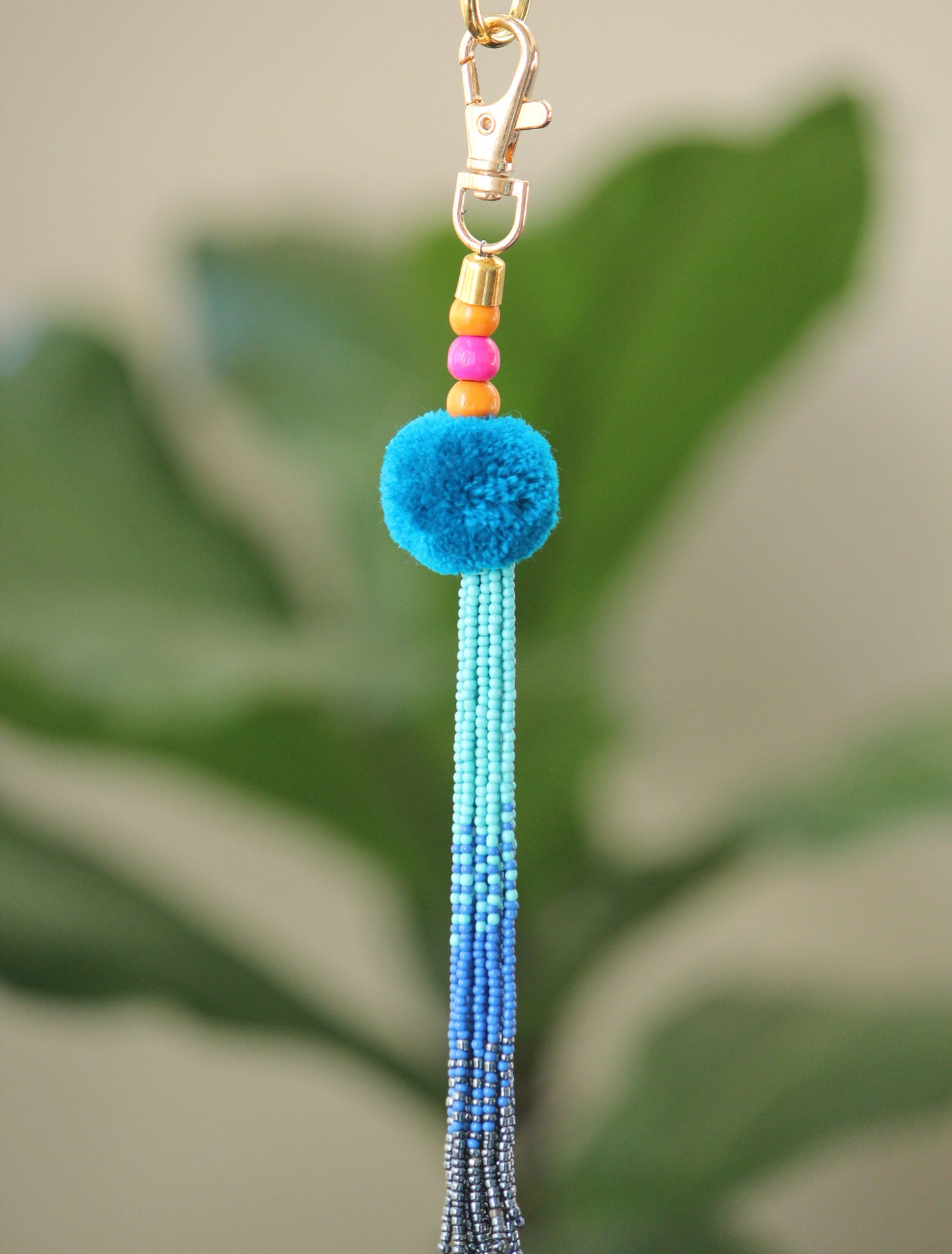 Blue and silver tassel key chain-pompom with ombre beaded key chain and gold hook