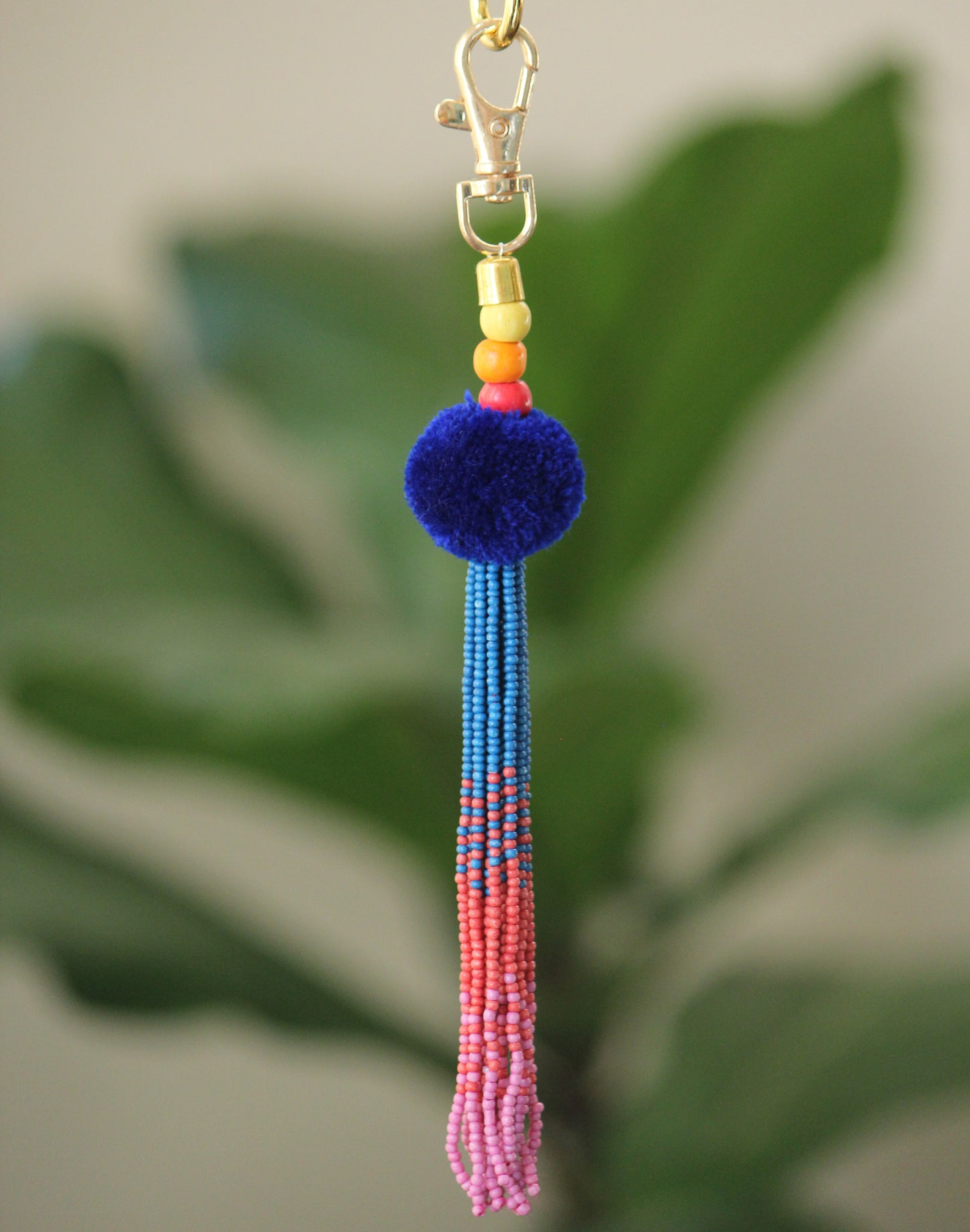 Cobalt Tassel key chain-pompom with ombre beaded key chain and gold hook