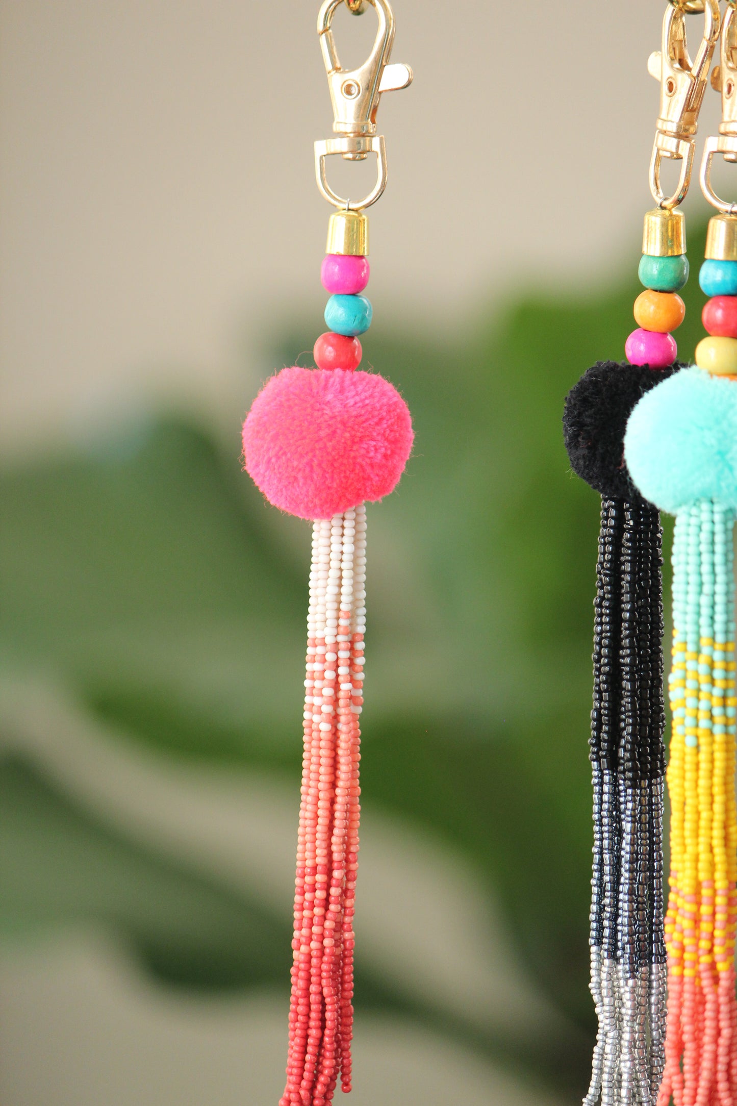 Fuchsia Tassel key chain-pompom with ombre beaded key chain and gold hook