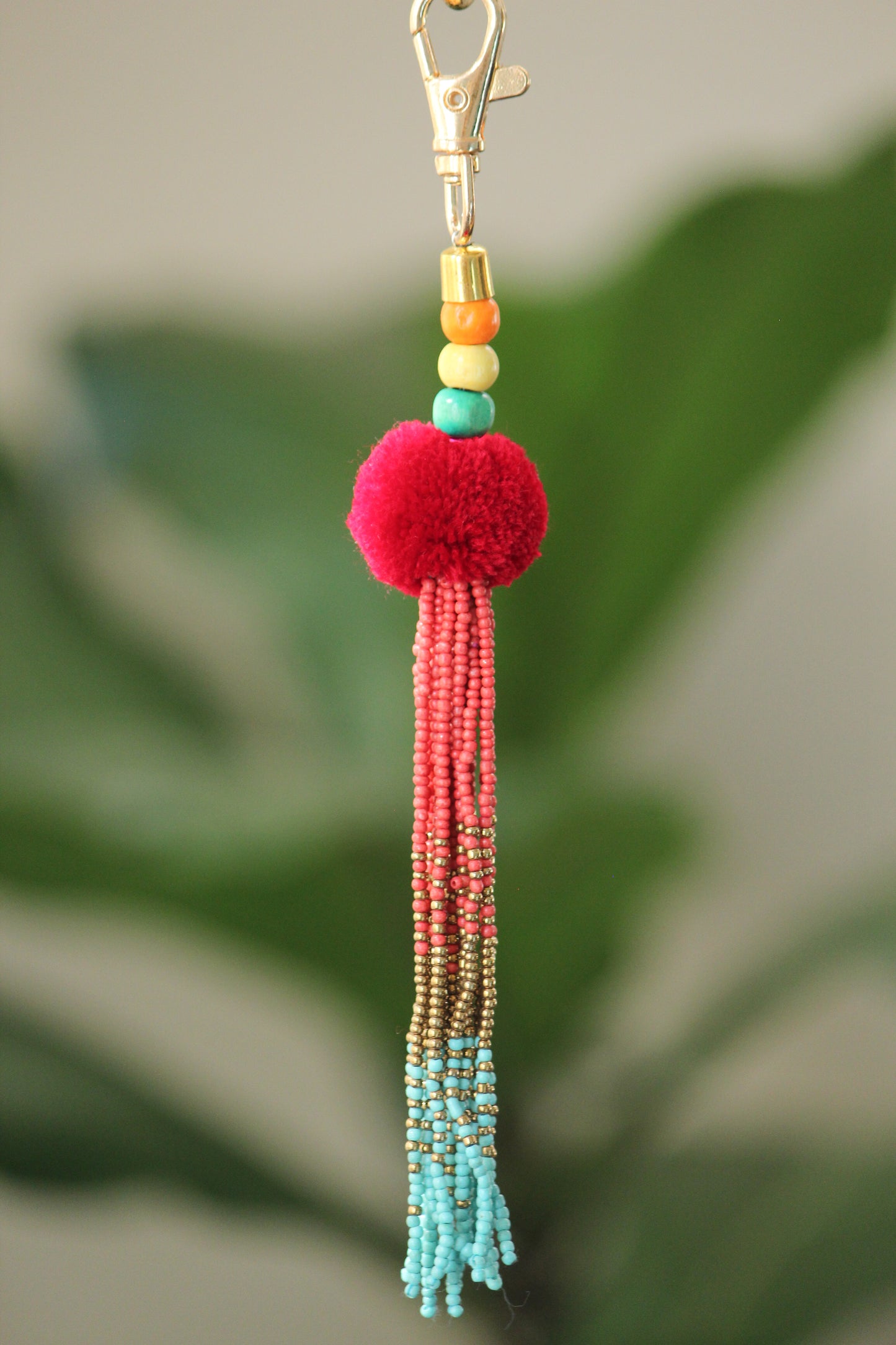 Red Tassel key chain-pompom with ombre beaded key chain and gold hook