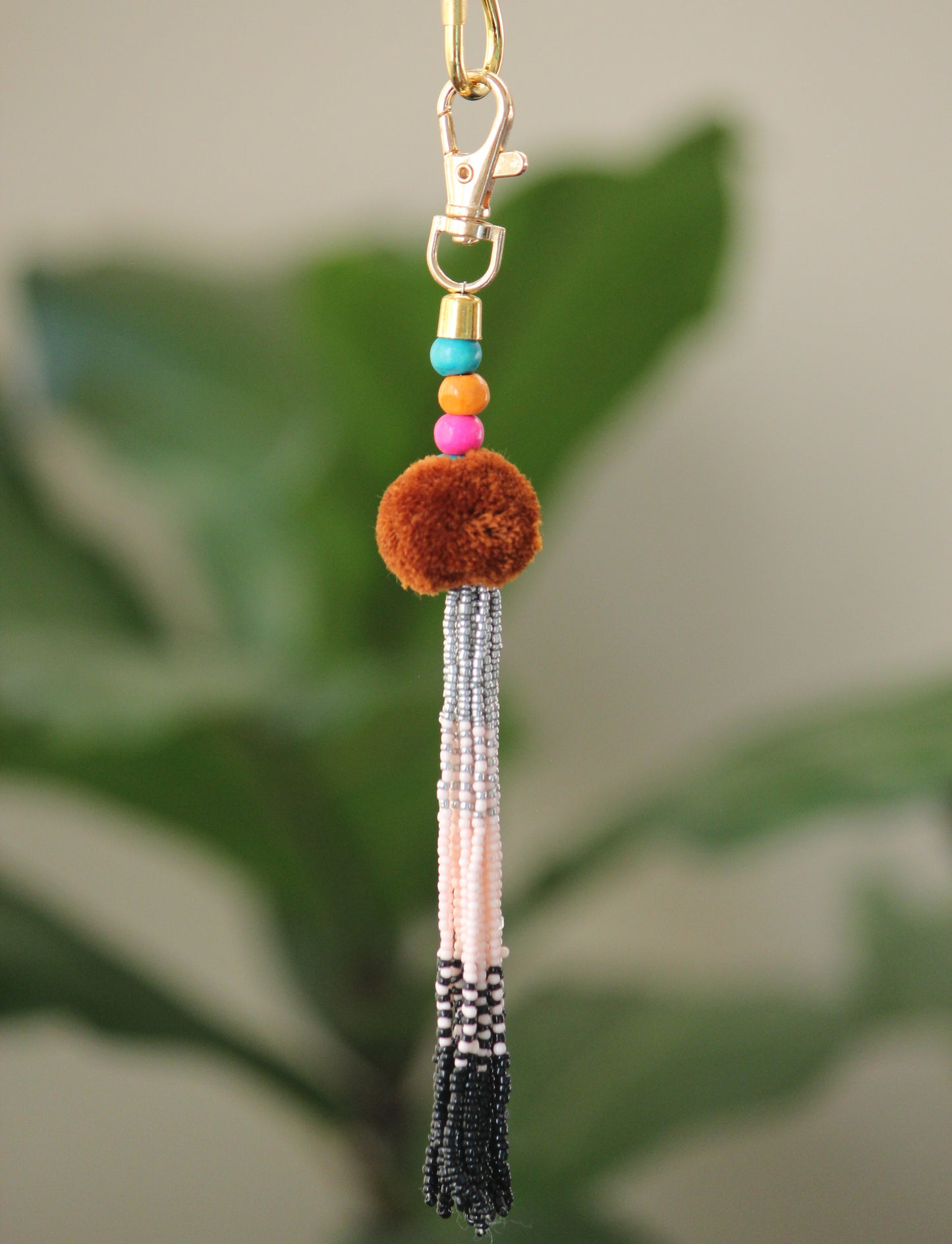 Umber and blush tassel key chain-pompom with ombre beaded key chain and gold hook