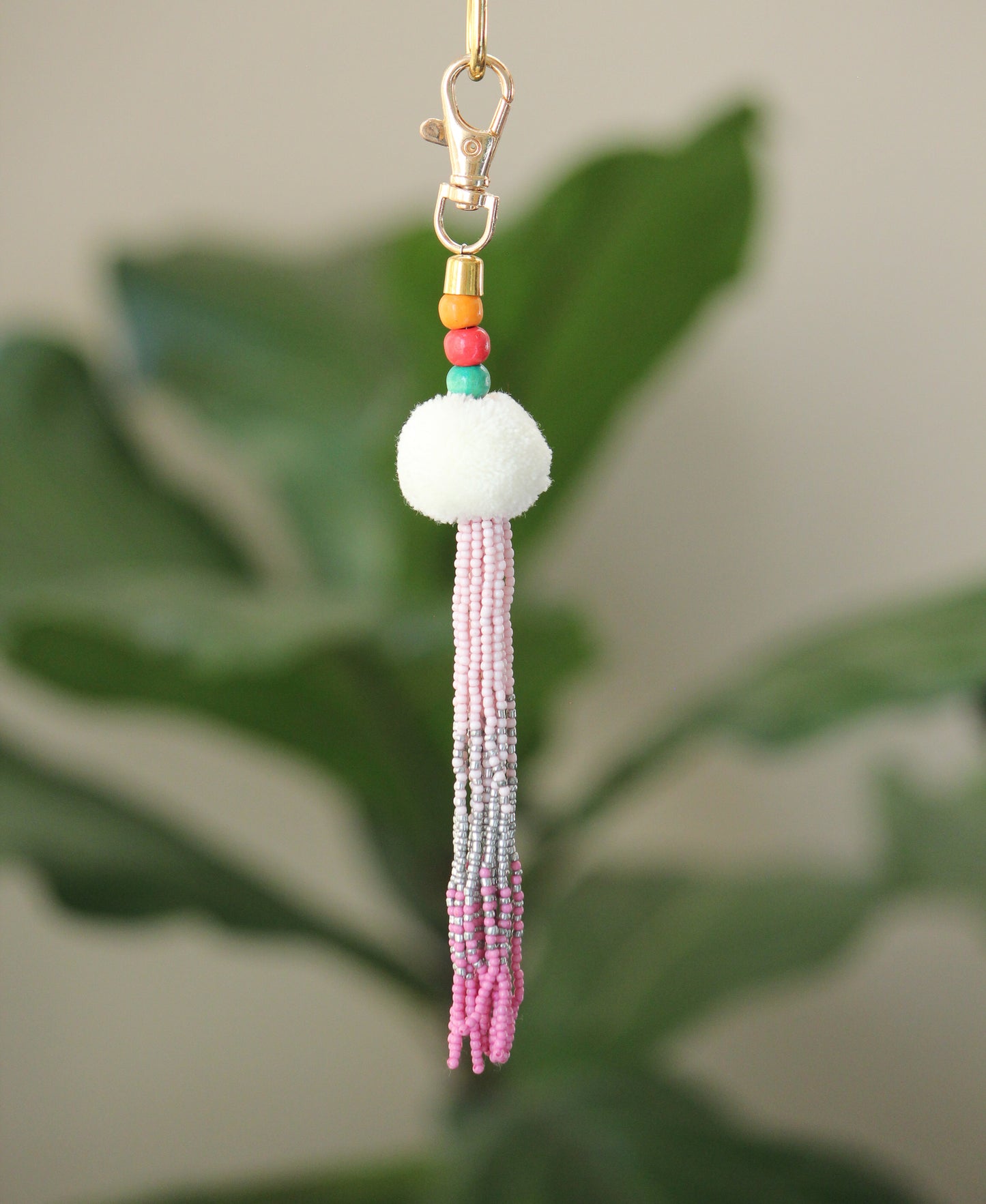 Blush Tassel key chain-pompom with ombre beaded key chain and gold hook