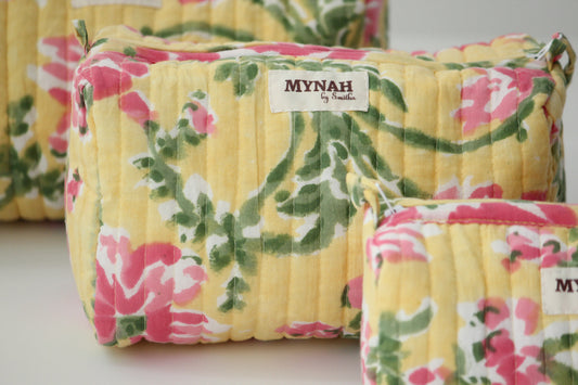 'SUMMER CAMELLIAS' printed travel/makeup zipper pouch-set of 3