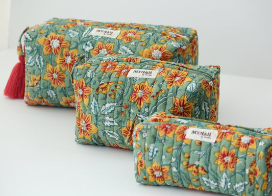 'SUNFLOWER GARDEN' printed travel/makeup zipper pouch-set of 3